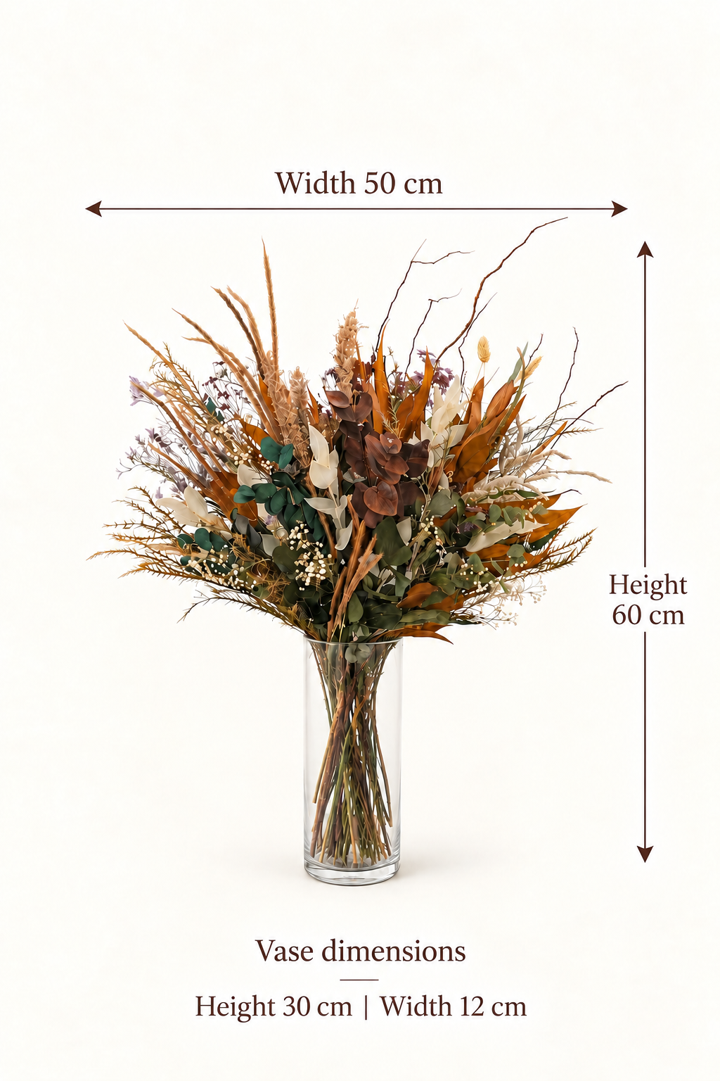 English size guide. Width 50 cm. Height. 60 cm. Vase dimensions. Height 30 cm | Width 12 cm