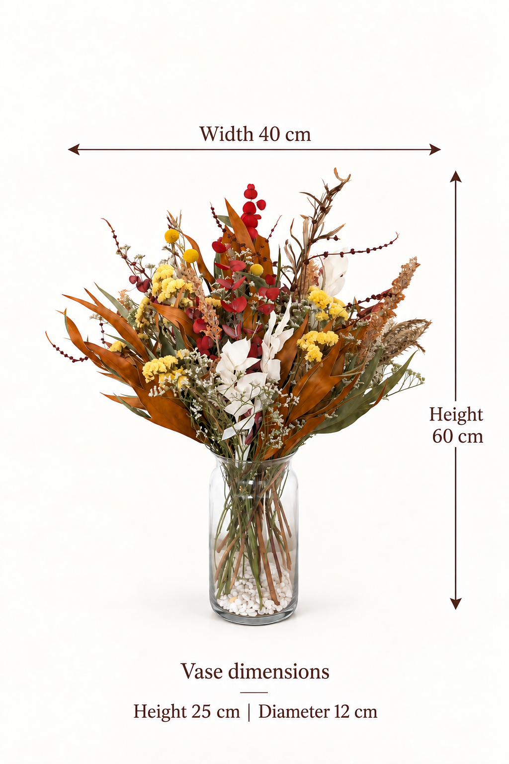 English size guide. Width 40 cm. Height. 60 cm. Vase dimensions. Height 25 cm | Diameter 12 cm