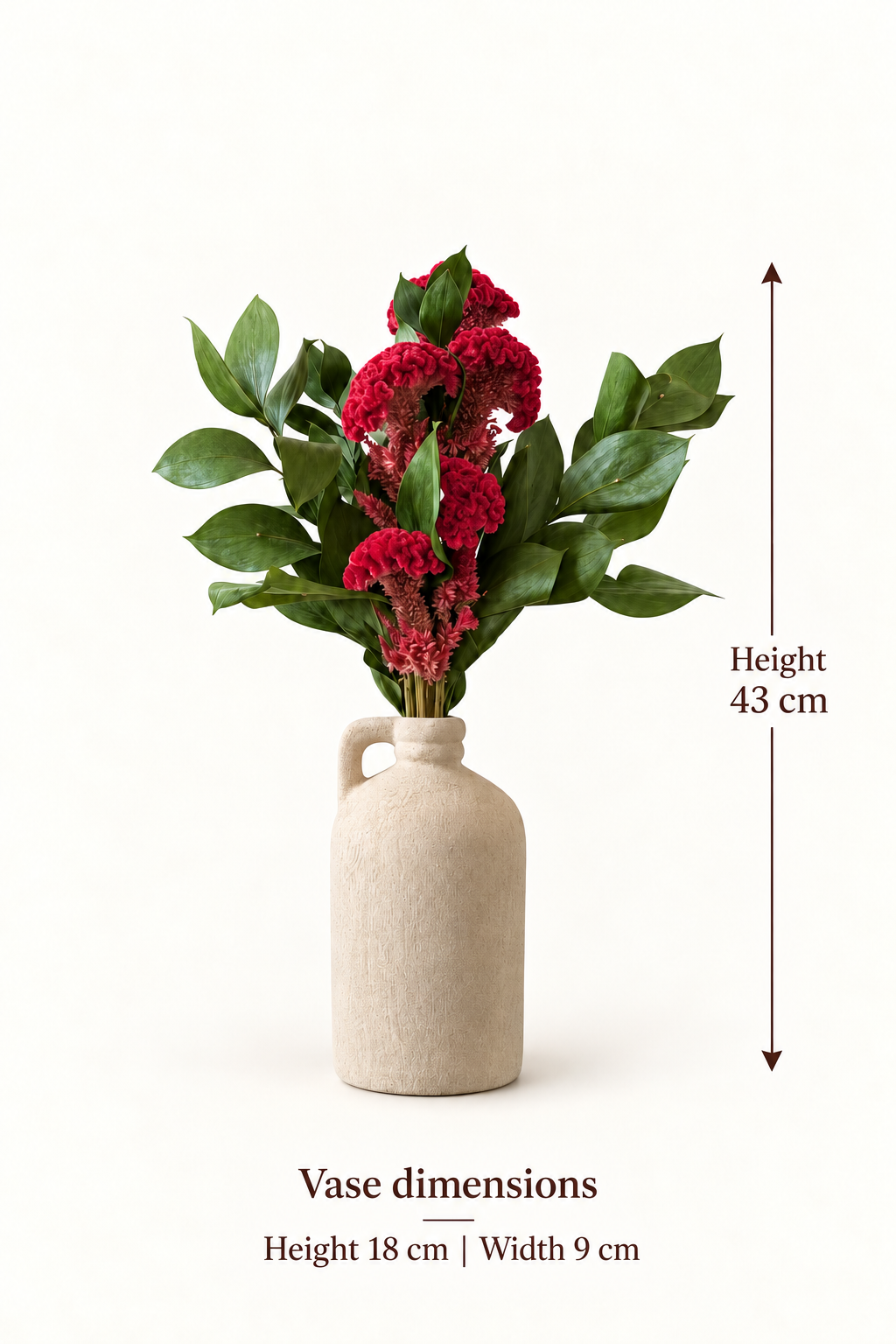 English size guide. Height. 43 cm. Vase dimensions. Height 18 cm | Width 9 cm