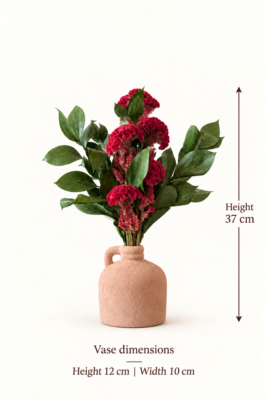 English size guide. Height. 37 cm. Vase dimensions. Height 12 cm | Width 10 cm