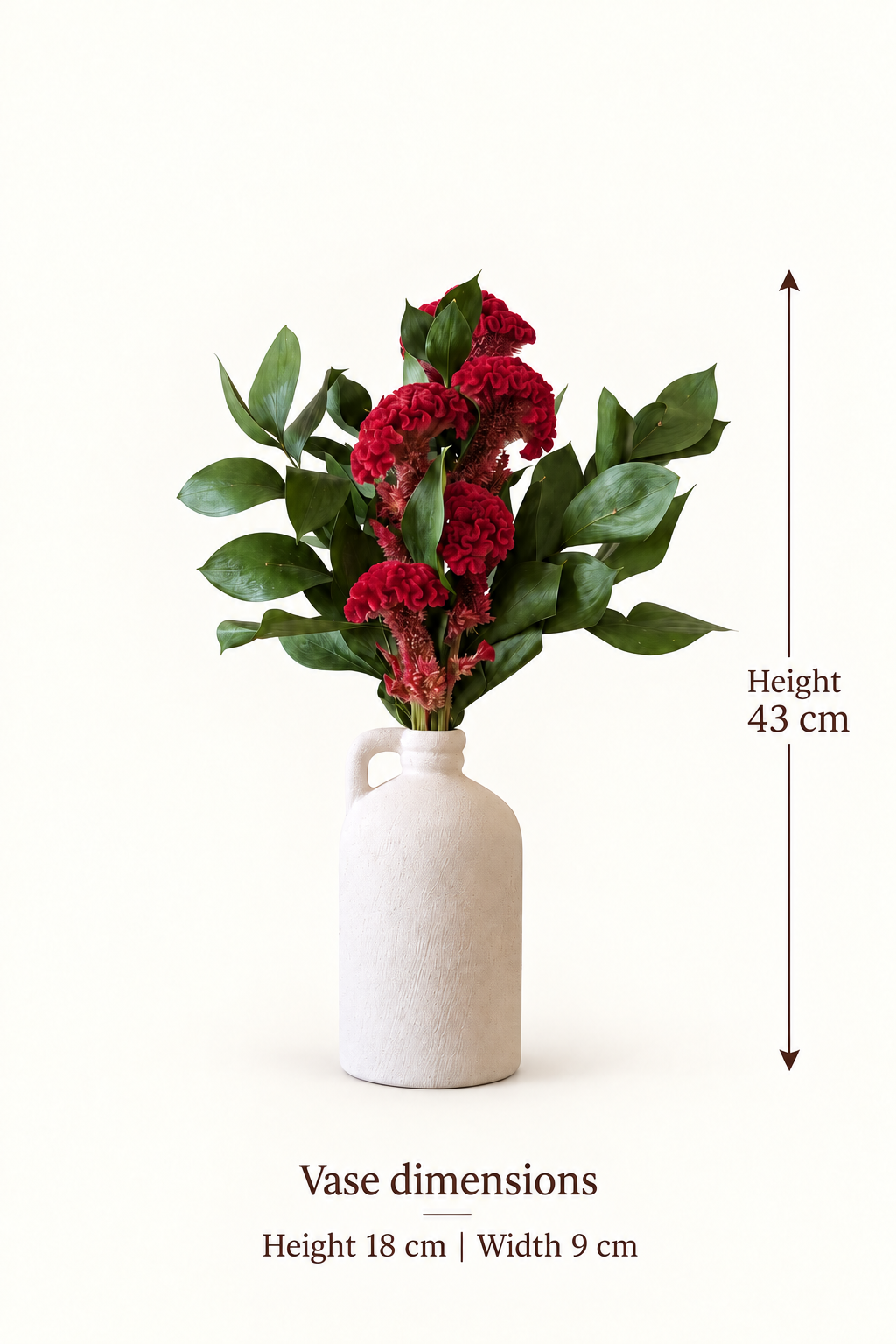 English size guide. Height. 43 cm. Vase dimensions. Height 18 cm | Width 9 cm