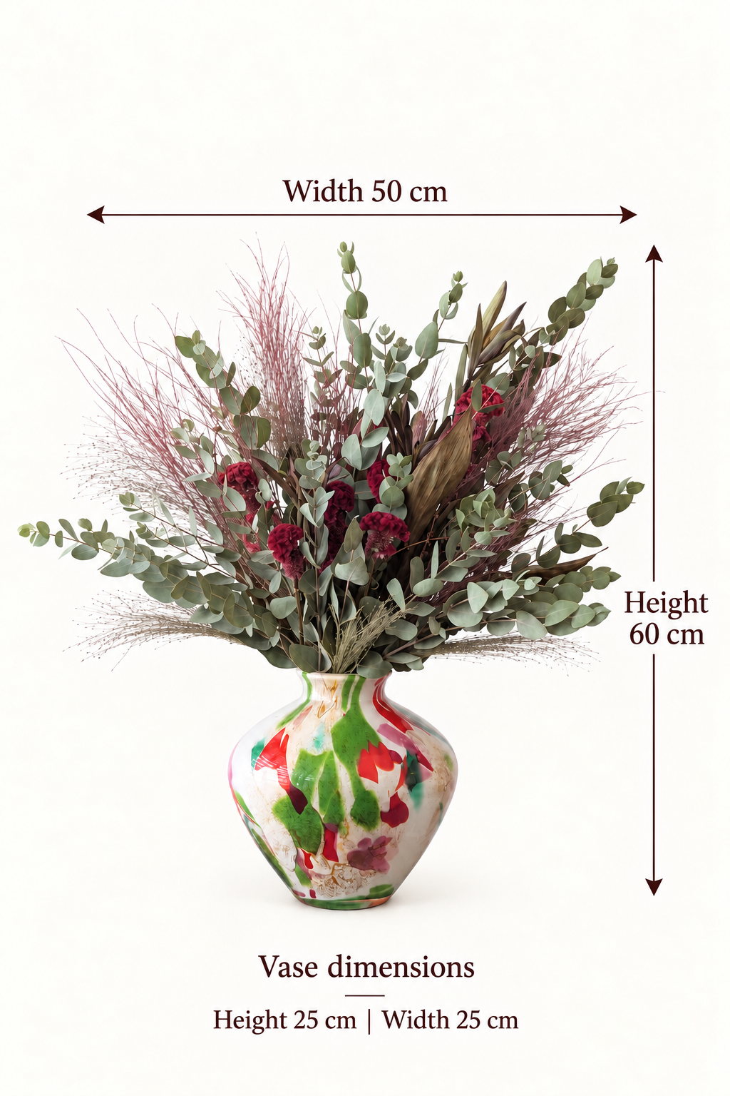 English size guide. Width 50 cm. Height. 60 cm. Vase dimensions. Height 25 cm | Width 25 cm