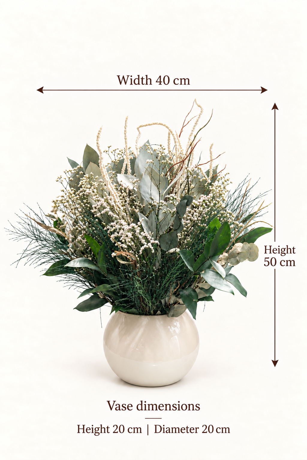 English size guide. Width 40 cm. Height. 50 cm. Vase dimensions. Height 20 cm | Diameter 20 cm