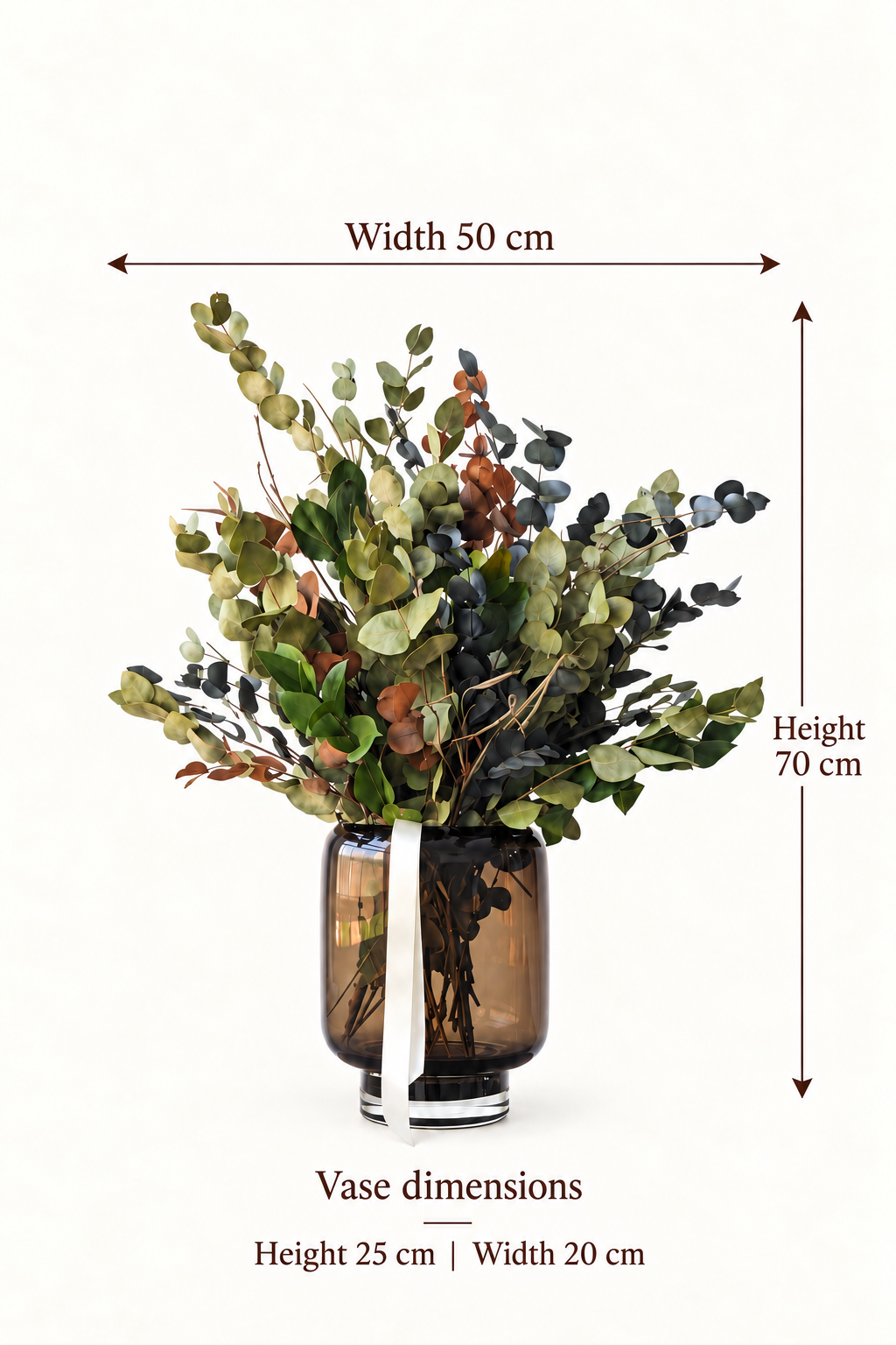 English size guide. Width 50 cm. Height. 70 cm. Vase dimensions. Height 25 cm | Width 20 cm