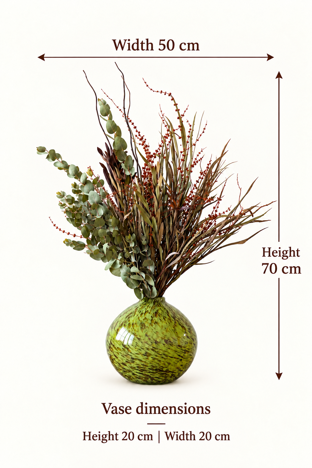 English size guide. Width 50 cm. Height. 70 cm. Vase dimensions. Height 20 cm | Width 20 cm
