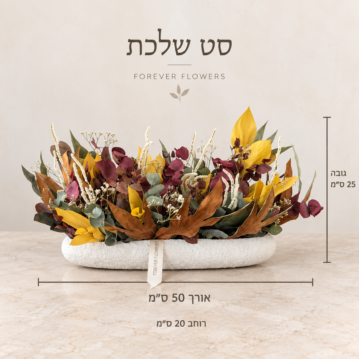 מידות סט שלכת: אורך 50 ס״מ, רוחב 20 ס״מ וגובה 25 ס״מ