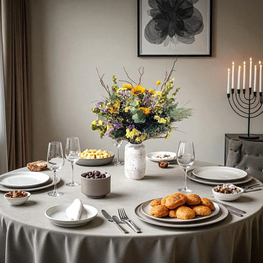 שולחן אוכל עם מפה אפורה, סידור פרחים צבעוני, לחמים, צלחות, כוסות יין ונרות דקורטיביים