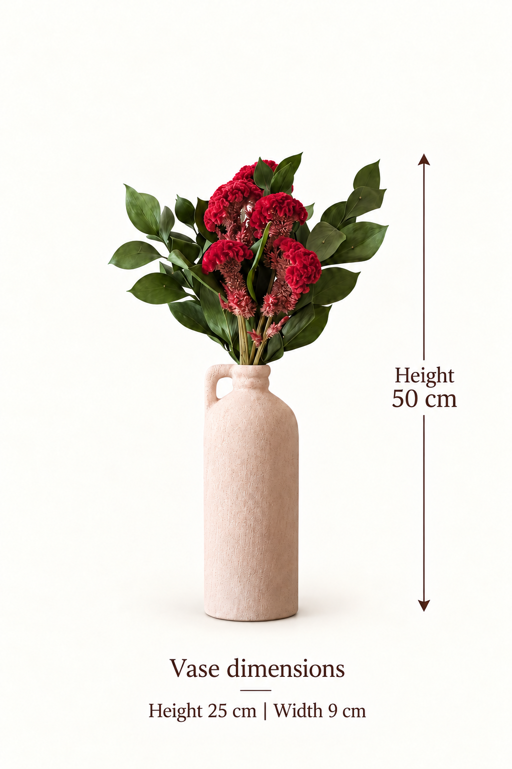 English size guide. Height. 50 cm. Vase dimensions. Height 25 cm | Width 9 cm