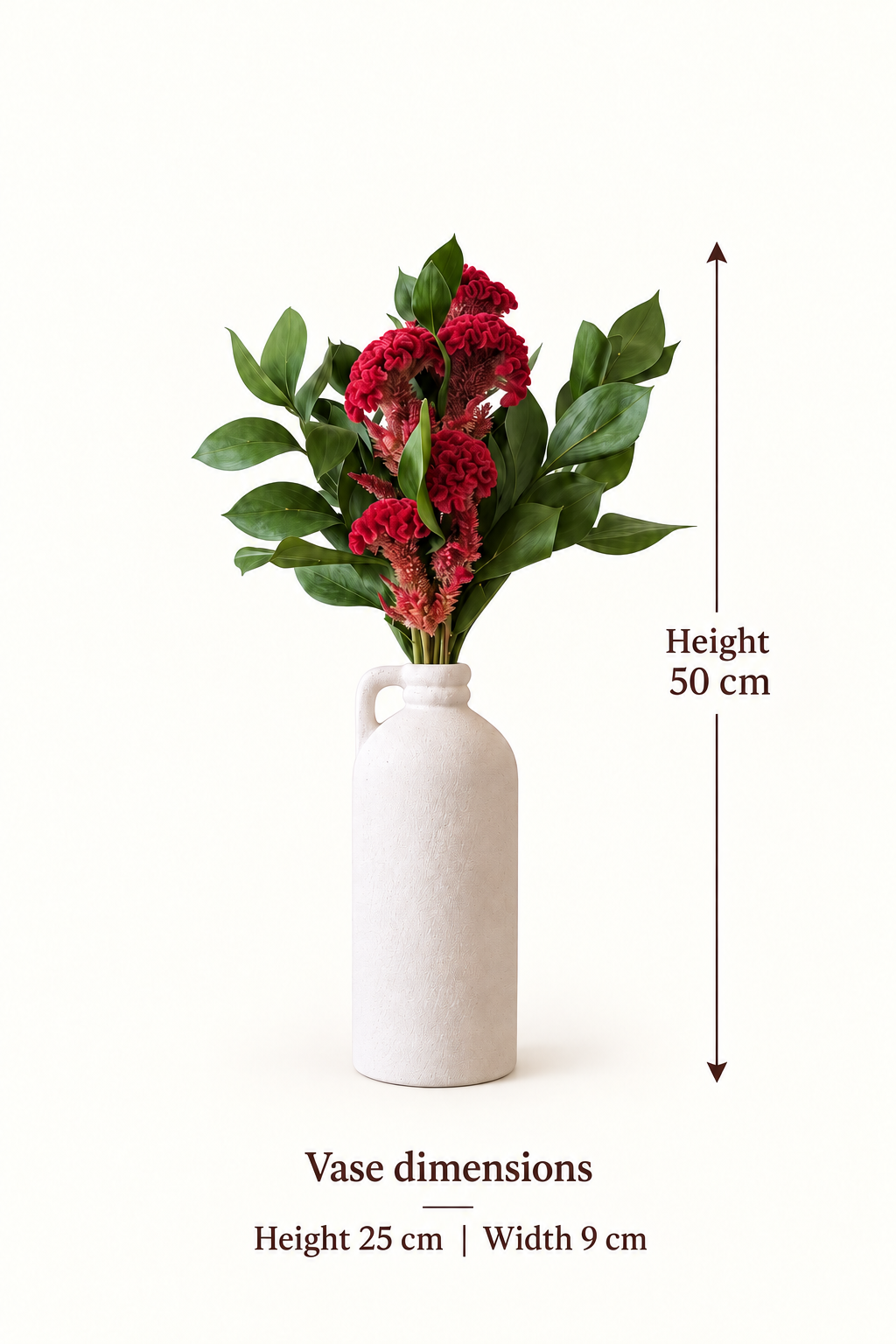 English size guide. Height. 50 cm. Vase dimensions. Height 25 cm | Width 9 cm