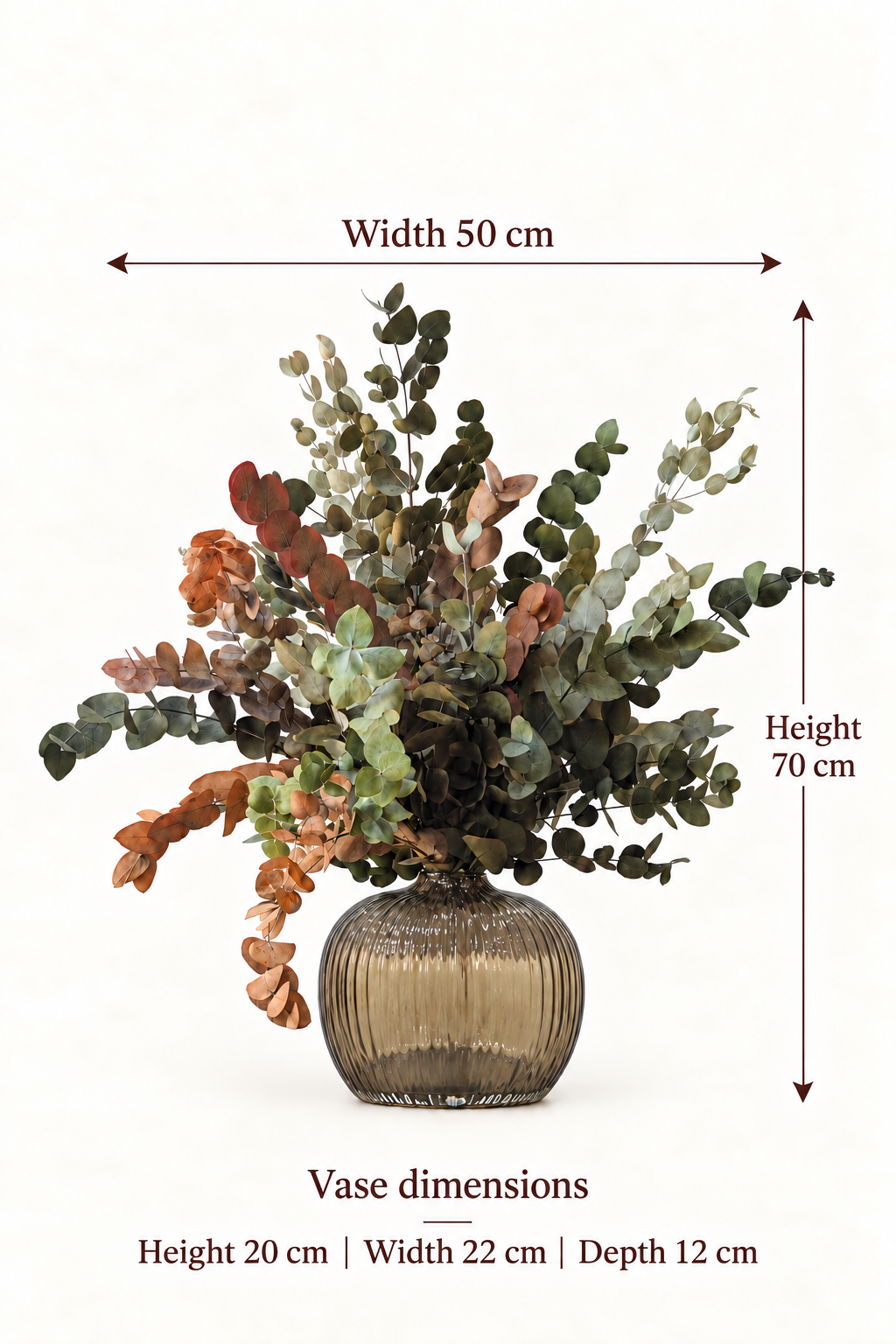 English size guide. Width 50 cm. Height. 70 cm. Vase dimensions. Height 20 cm | Width 22 cm | Depth 12 cm
