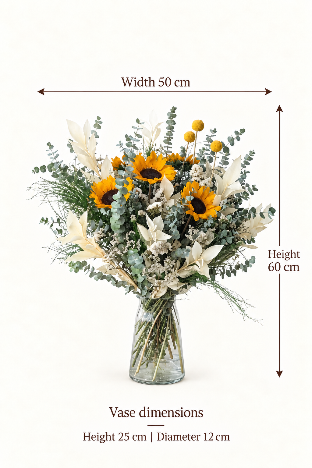 English size guide. Width 50 cm. Height. 60 cm. Vase dimensions. Height 25 cm | Diameter 12 cm