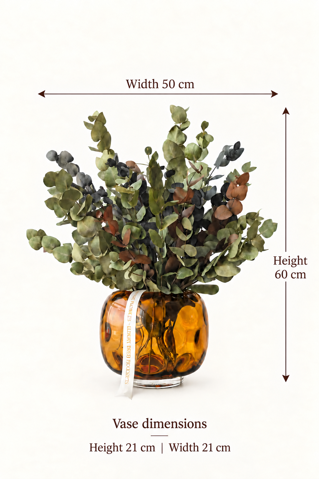English size guide. Width 50 cm. Height. 60 cm. Vase dimensions. Height 21 cm | Width 21 cm