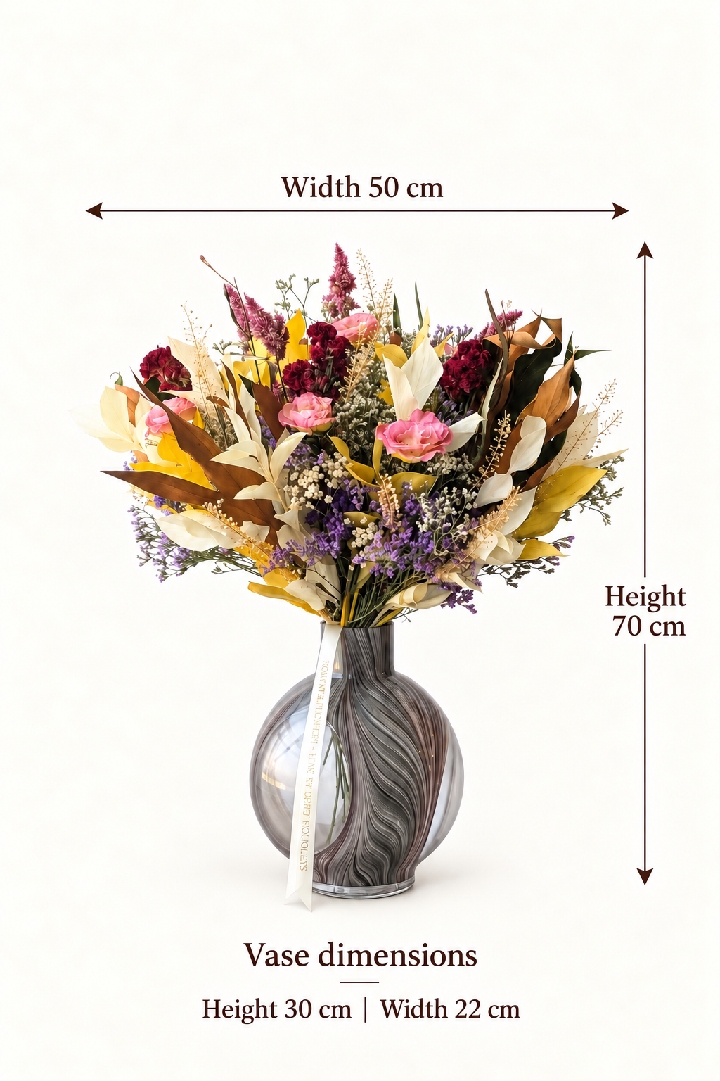 English size guide. Width 50 cm. Height. 70 cm. Vase dimensions. Height 30 cm | Width 22 cm