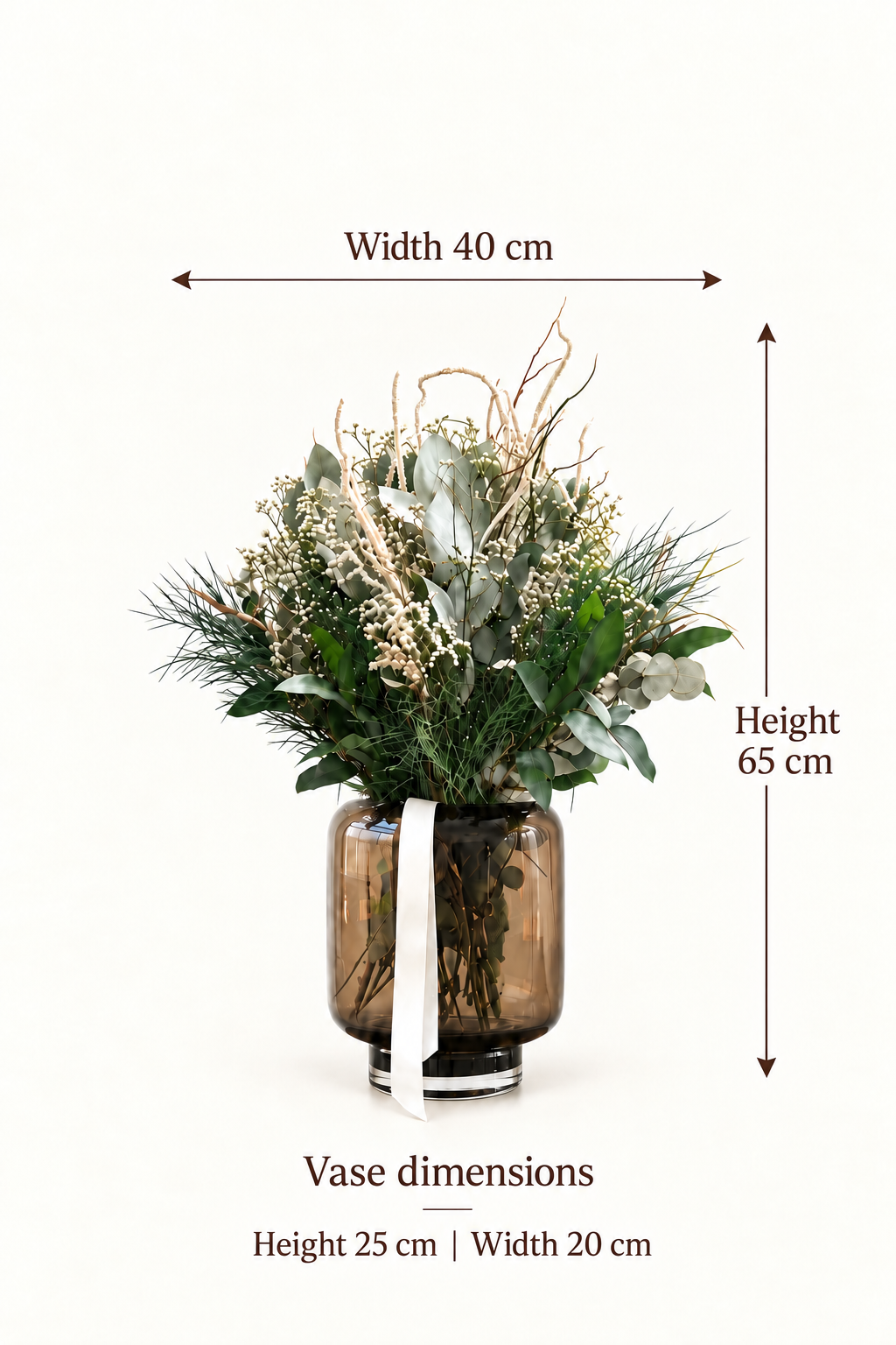 English size guide. Width 40 cm. Height. 65 cm. Vase dimensions. Height 25 cm | Width 20 cm