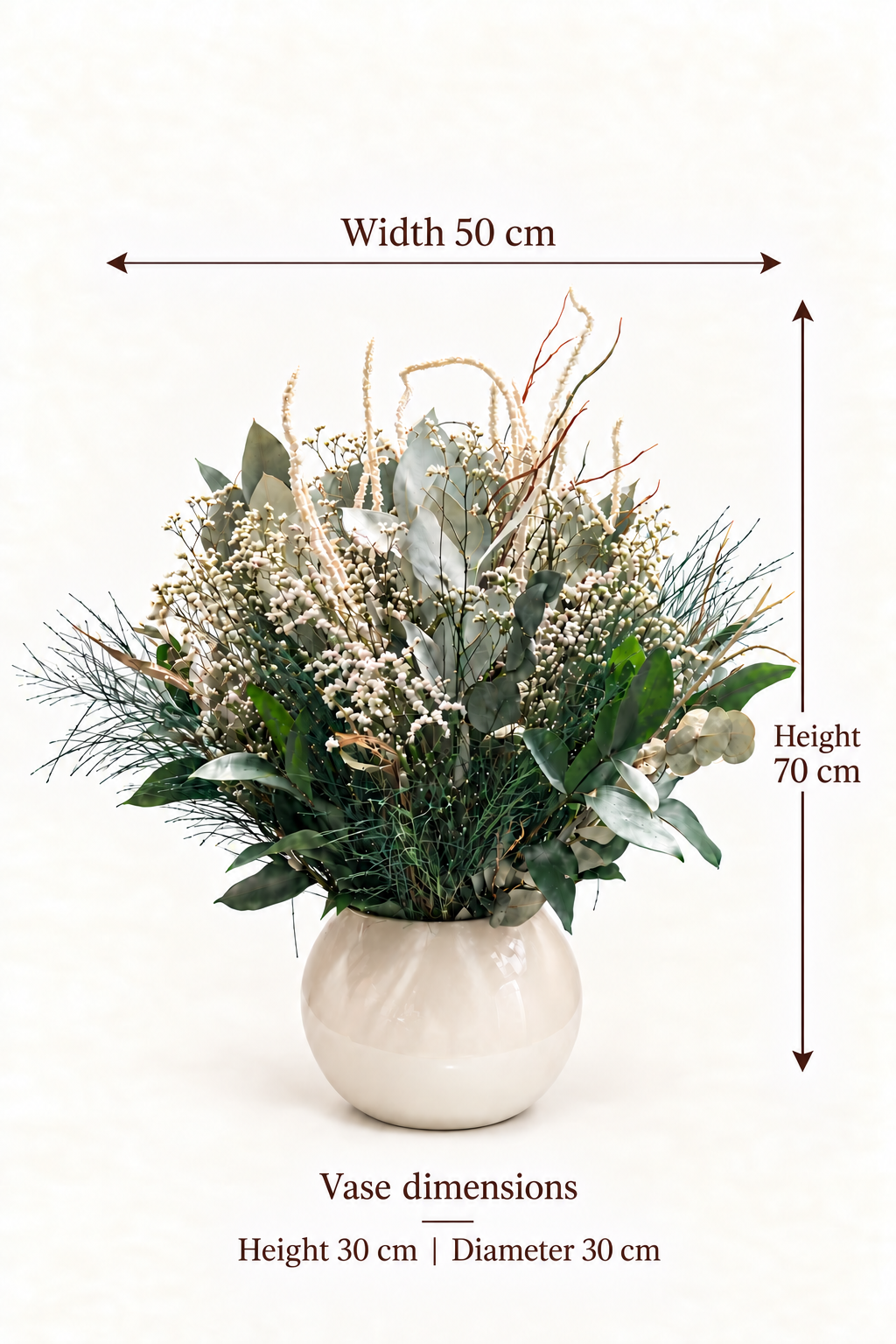 English size guide. Width 50 cm. Height. 70 cm. Vase dimensions. Height 30 cm | Diameter 30 cm