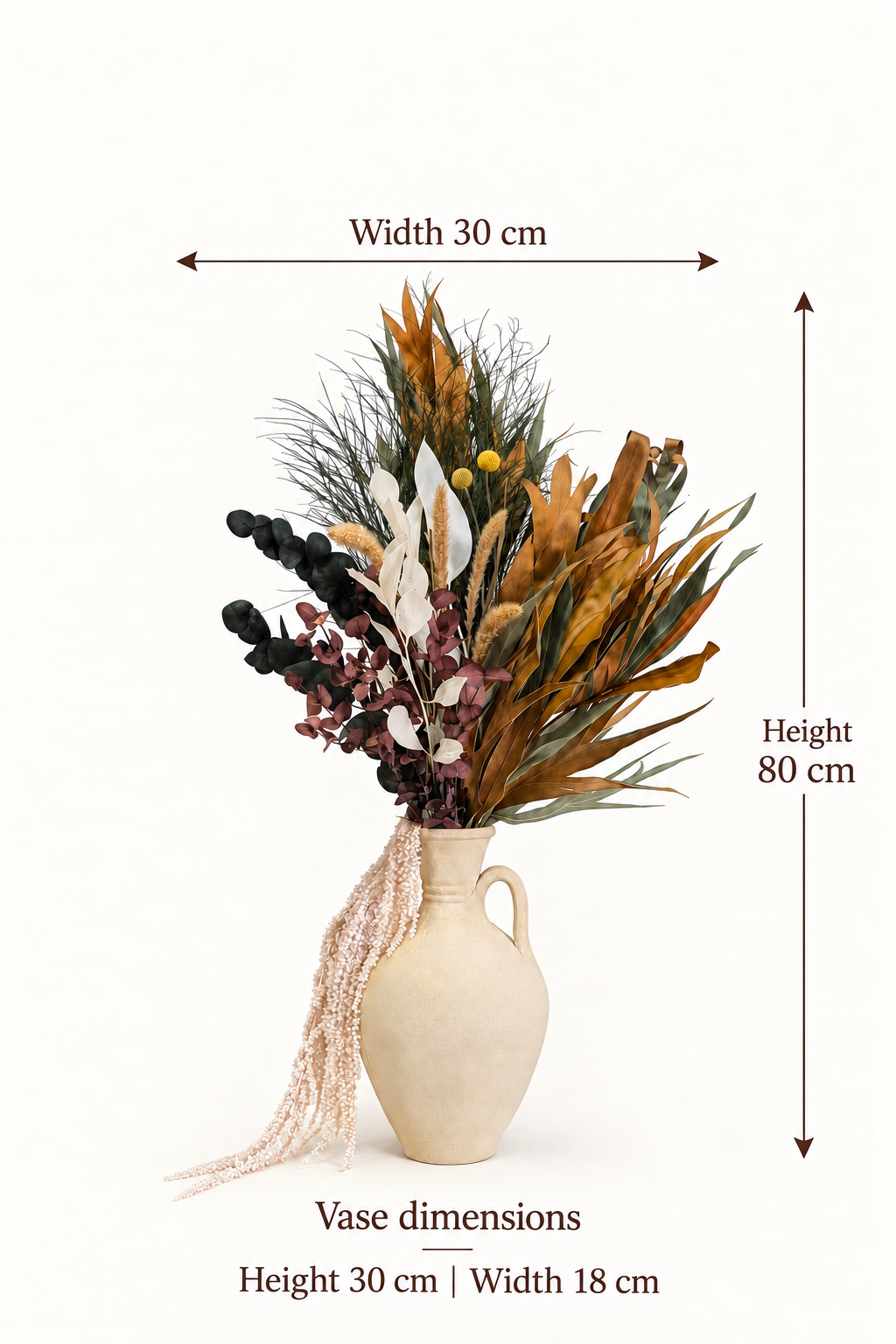 English size guide. Width 30 cm. Height. 80 cm. Vase dimensions. Height 30 cm | Width 18 cm