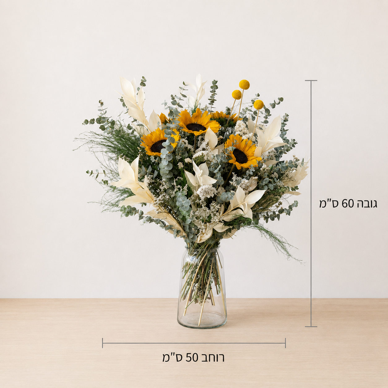 סט אהבת חמניות לבנה - מדריך מידות 50×60 ס״מ